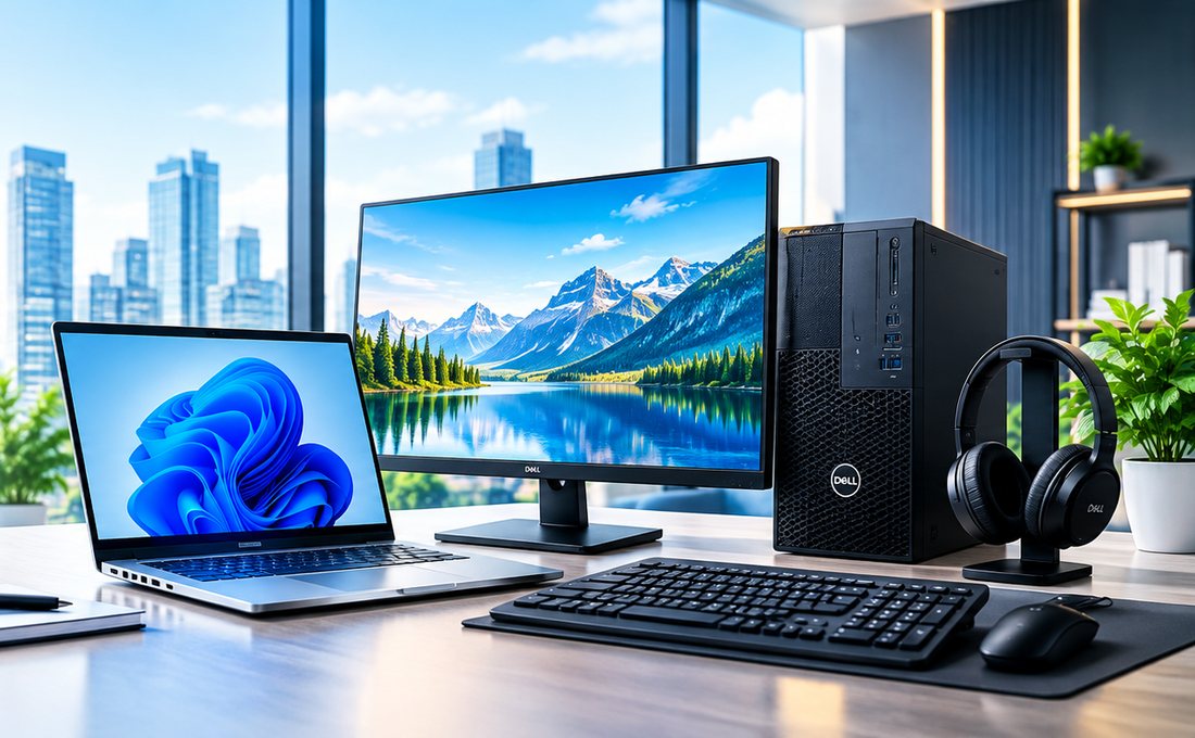 Laptop, monitor and desktop workstation on an office desk