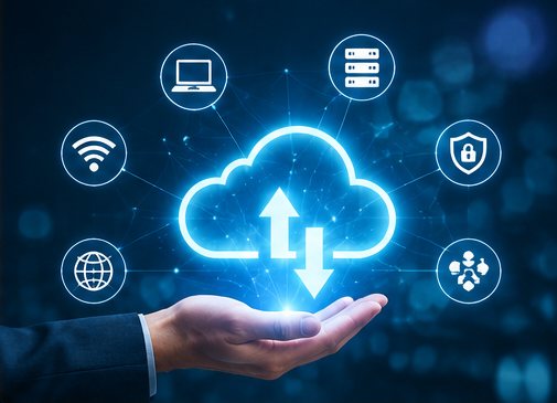 Hand holding a glowing cloud icon with network symbols